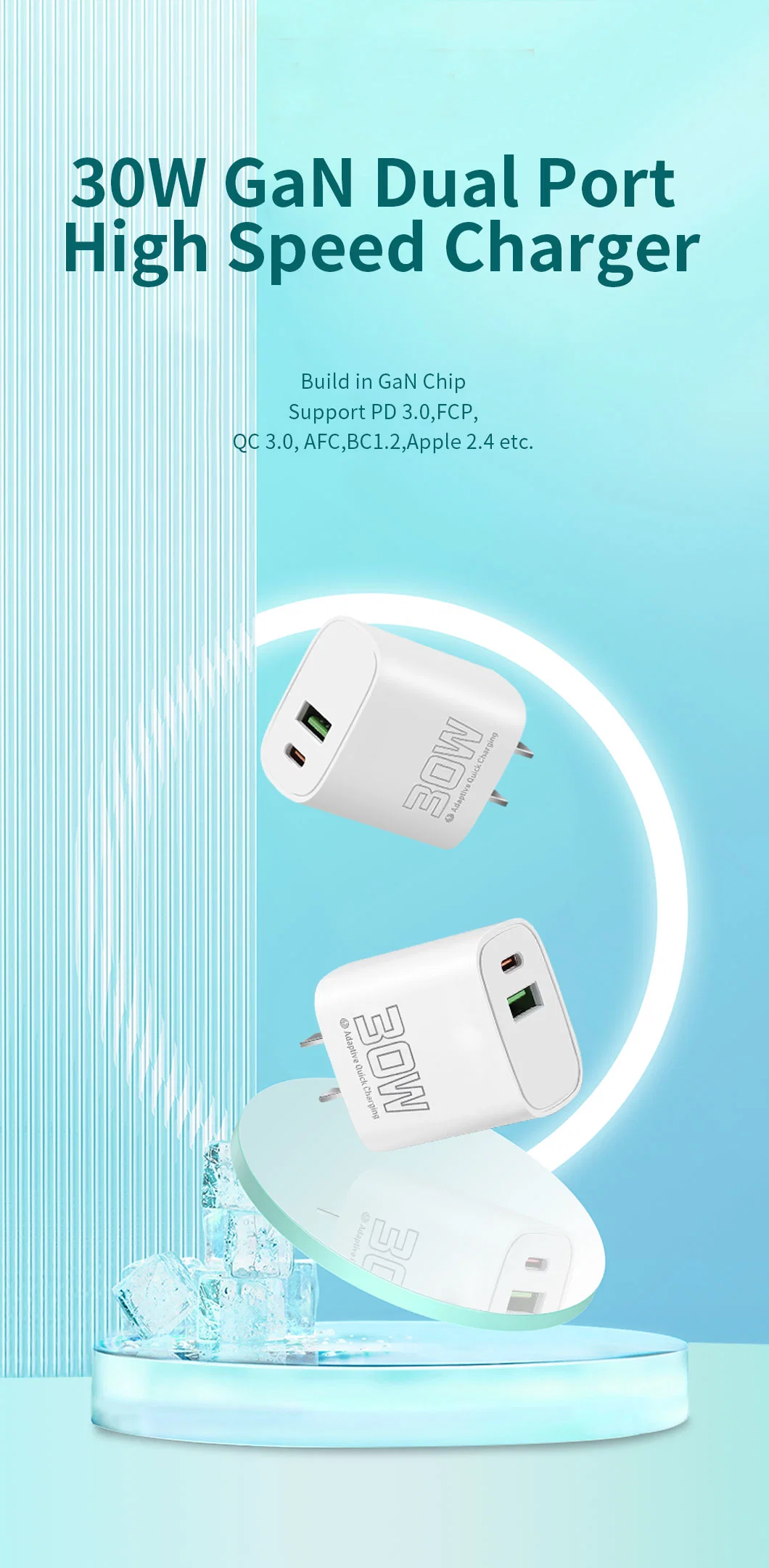Pd 30W GaN Fast Phone Charger Type-C and USB a Dual Port Wall Charger