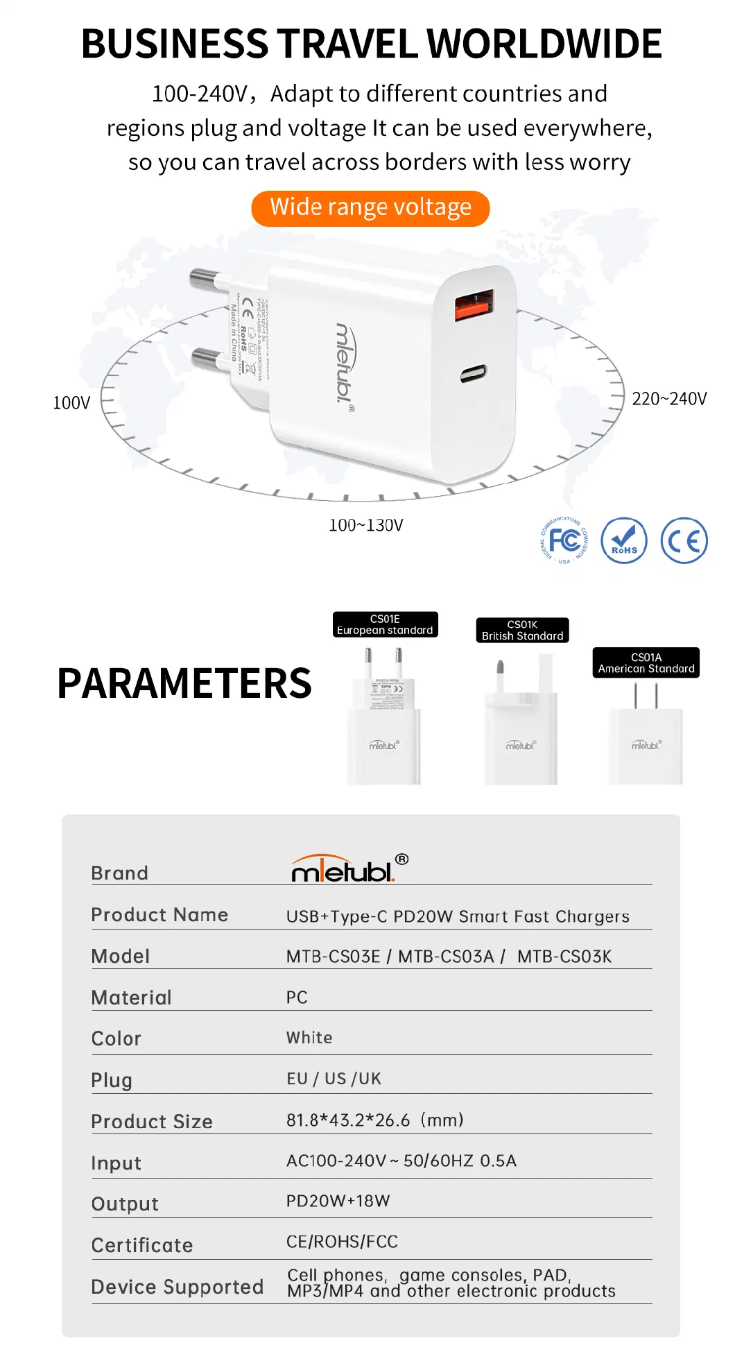 2023 Mietubl Hot Sale Type-C Pd20W +QC3.0 18W USB Wall Charger for Phone