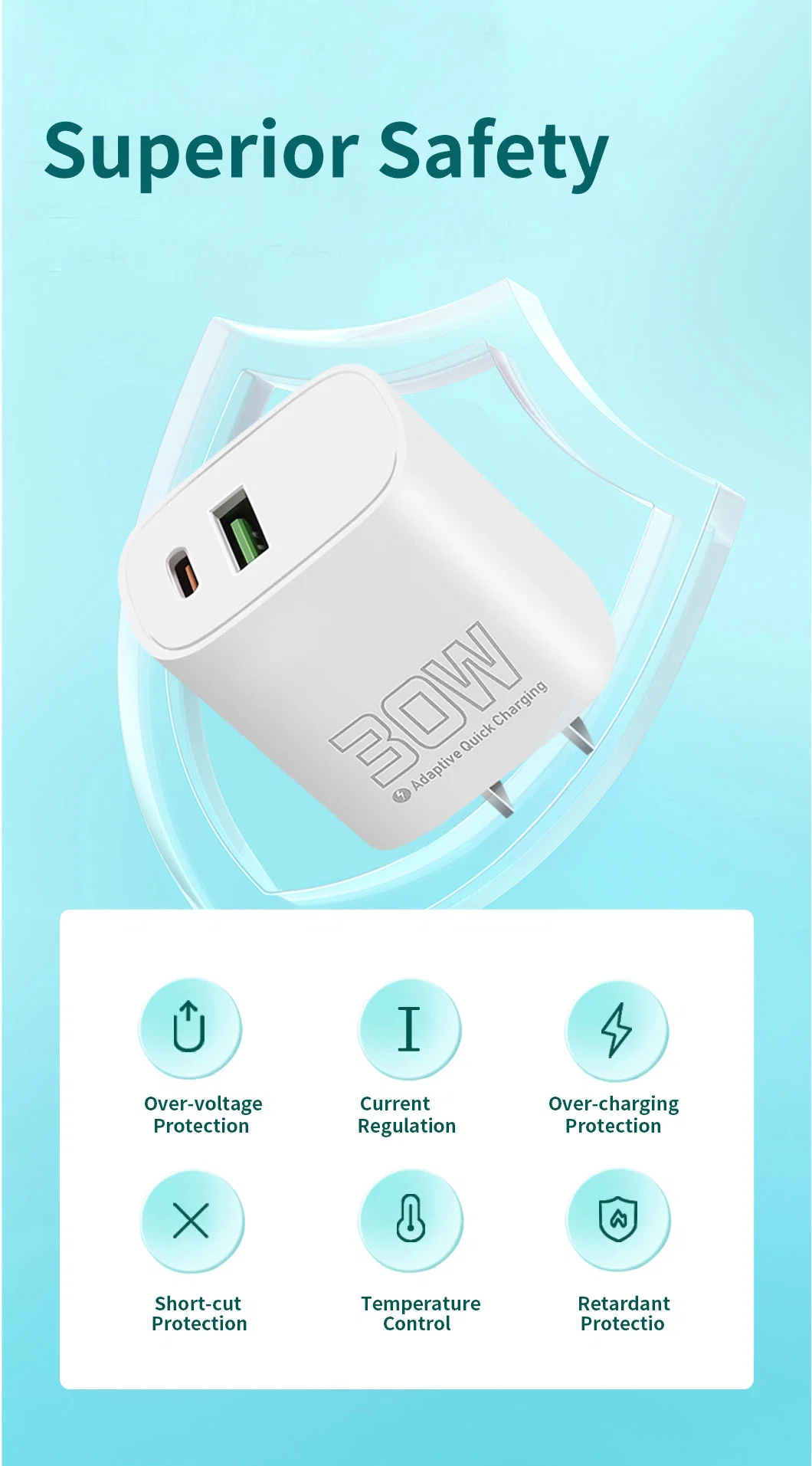 Pd 30W GaN Fast Phone Charger Type-C and USB a Dual Port Wall Charger